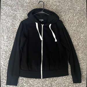 Black Zip-Up Hoodie with White Drawstrings